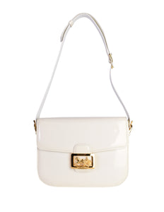 Celine Vintage Creamy White Patent Leather Gold Carriage Logo Flap Shoulder Bag