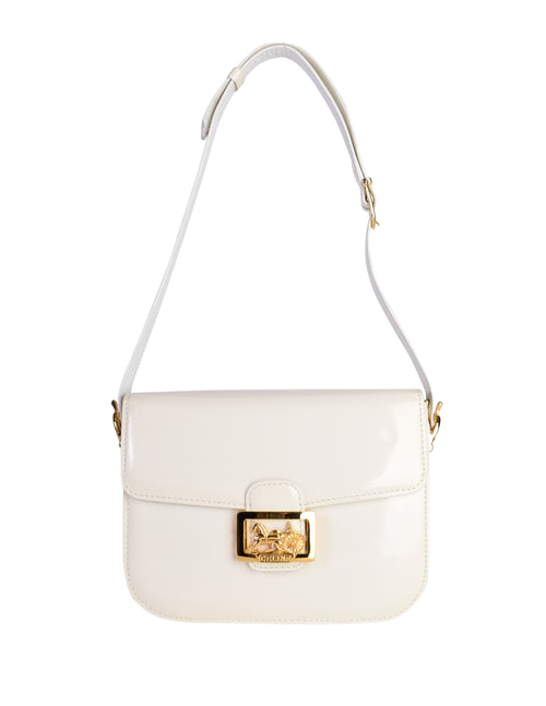 Celine Vintage Creamy White Patent Leather Gold Carriage Logo Flap