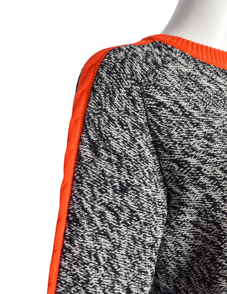 Celine Vintage Salt and Pepper Wool Melange Knit Orange Cable Stripe Sweater