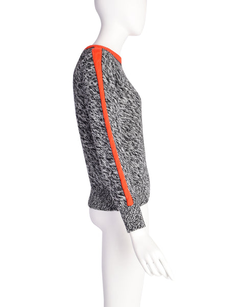 Celine Vintage Salt and Pepper Wool Melange Knit Orange Cable Stripe Sweater