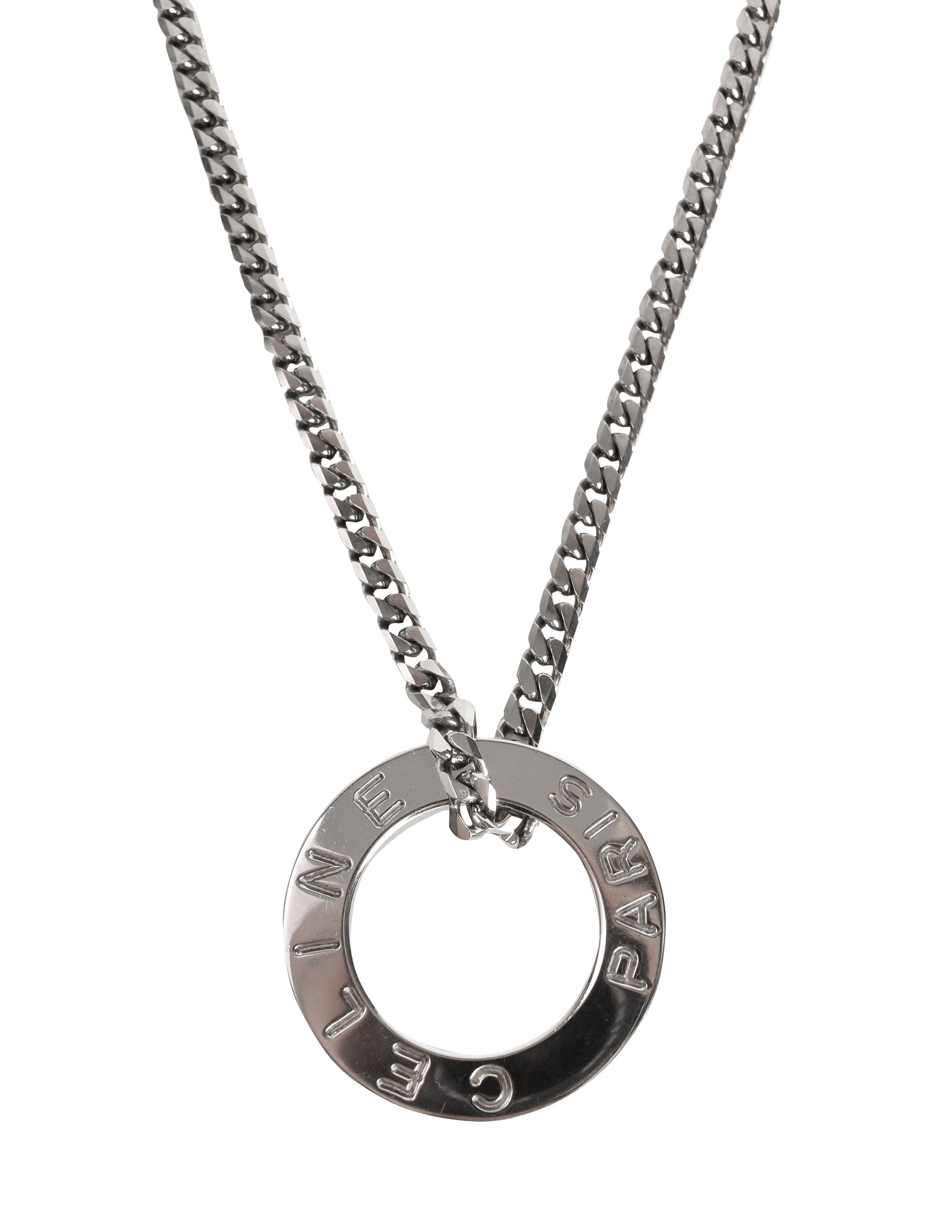 Celine Vintage 1990s Silver Namesake Ring Pendant Chain Necklace