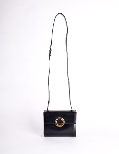 Celine Vintage Gold Circle Black Leather Structured Shoulder Bag