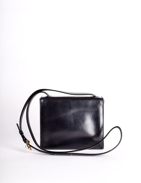 Celine Vintage Gold Circle Black Leather Structured Shoulder Bag