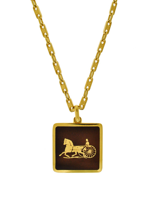 Cèline Vintage Brown & Gold Enamel Horse Carriage Logo Necklace