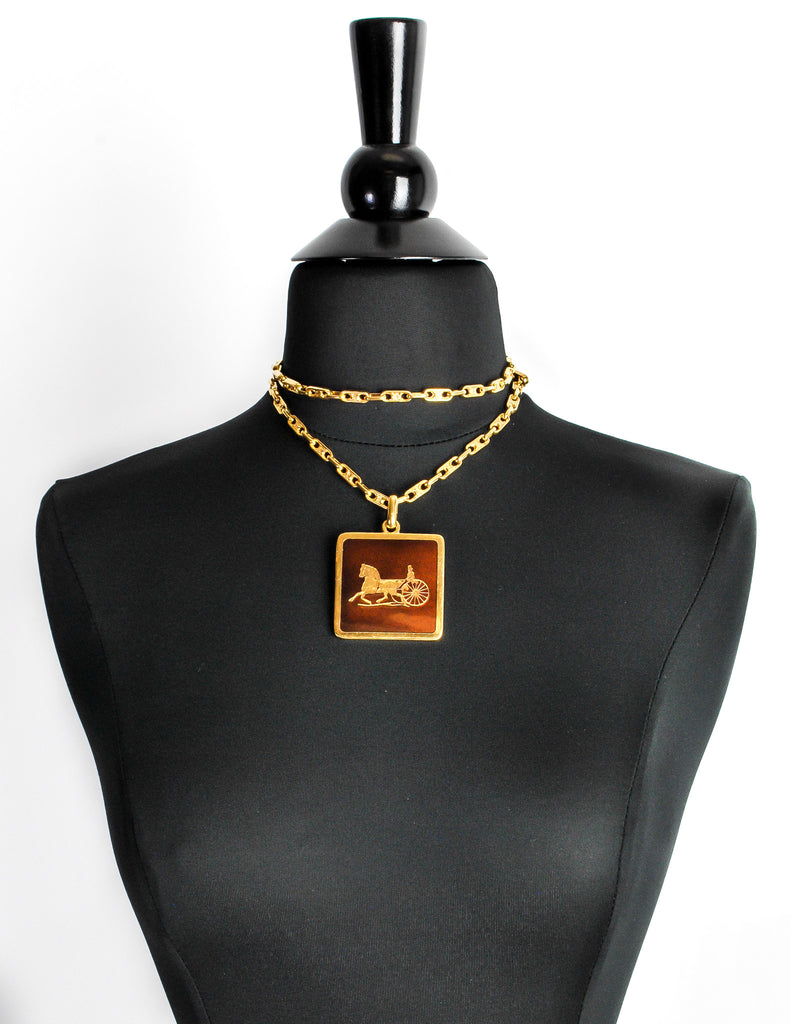 Cèline Vintage Brown & Gold Enamel Horse Carriage Logo Necklace