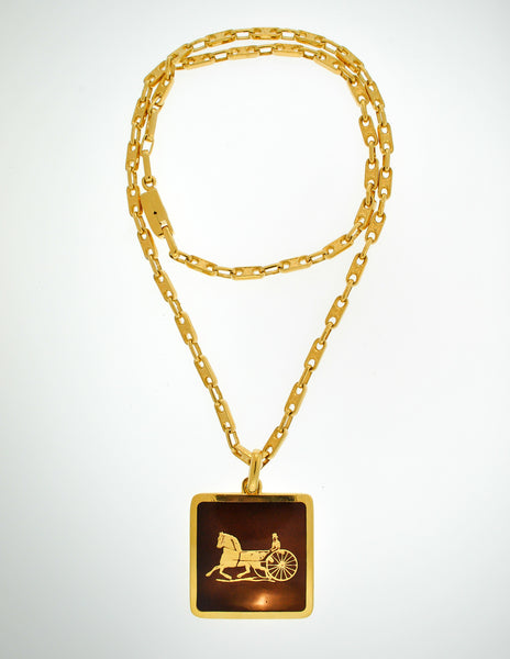 Cèline Vintage Brown & Gold Enamel Horse Carriage Logo Necklace - Amarcord Vintage Fashion
 - 5