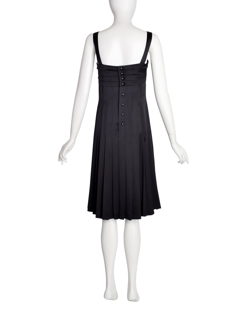 Chanel Black Silk Pleated Mini Dress with Gold Chain Belt and