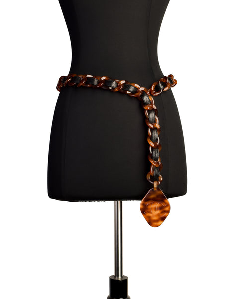 Chanel Vintage Spring 1994 Chunky Tortoise Chain Black Woven Leather CC Logo Belt