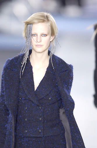 Chanel Vintage AW 2002 Runway Black Blue Wool Boucle Owl Button Two Piece Jacket Skirt Suit