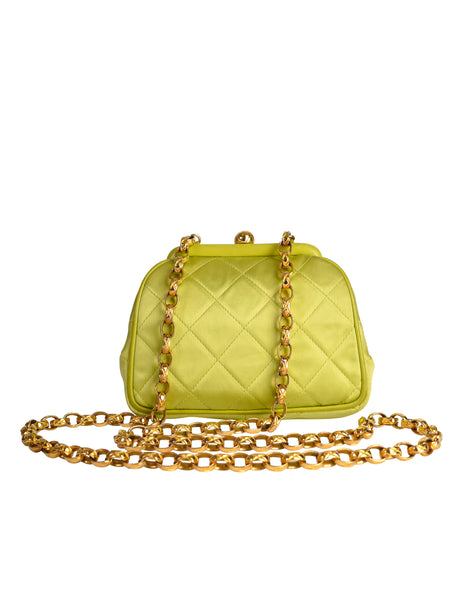 Chanel Vintage Avocado Lime Green Satin Matelasse Quilted CC Logo Gold Chain Mini Shoulder Bag