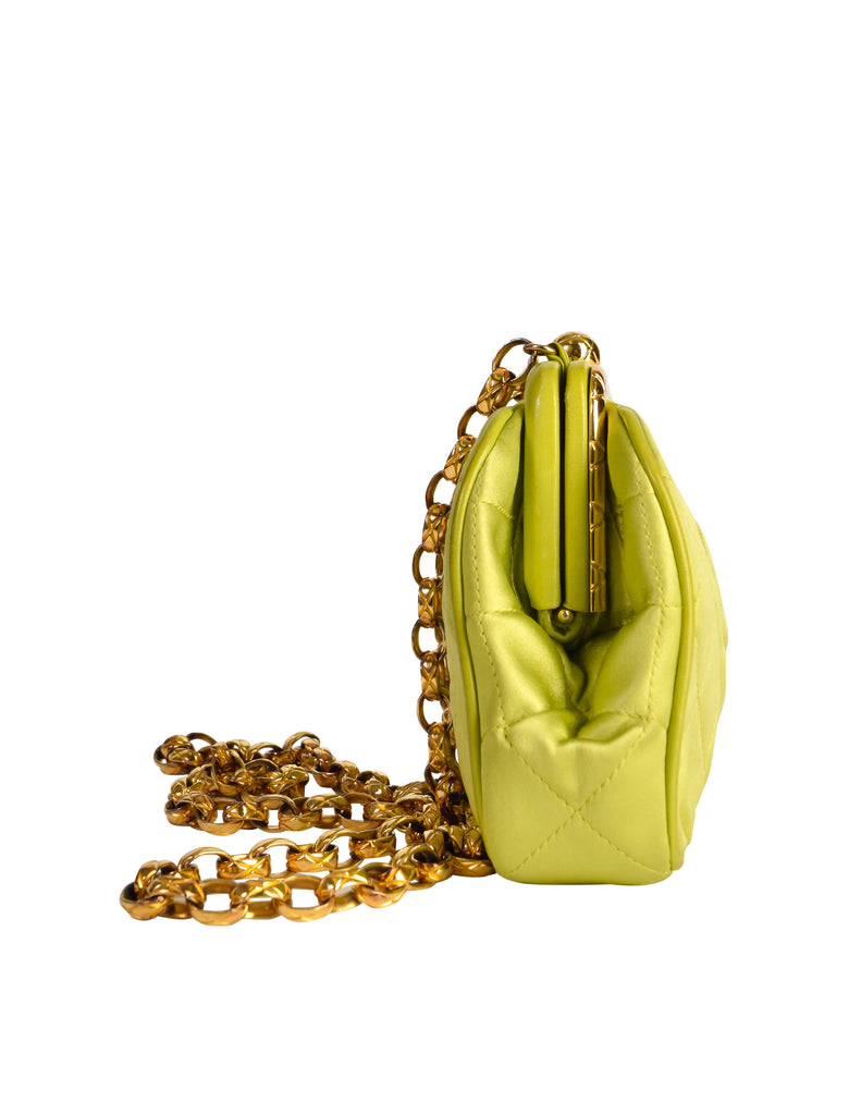 Chanel Lime Green Vintage Quilted Satin Bag For Sale at 1stDibs