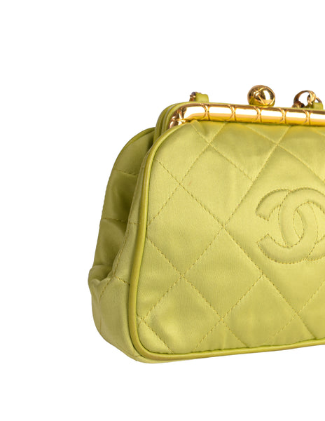 Chanel Vintage Avocado Lime Green Satin Matelasse Quilted CC Logo Gold Chain Mini Shoulder Bag