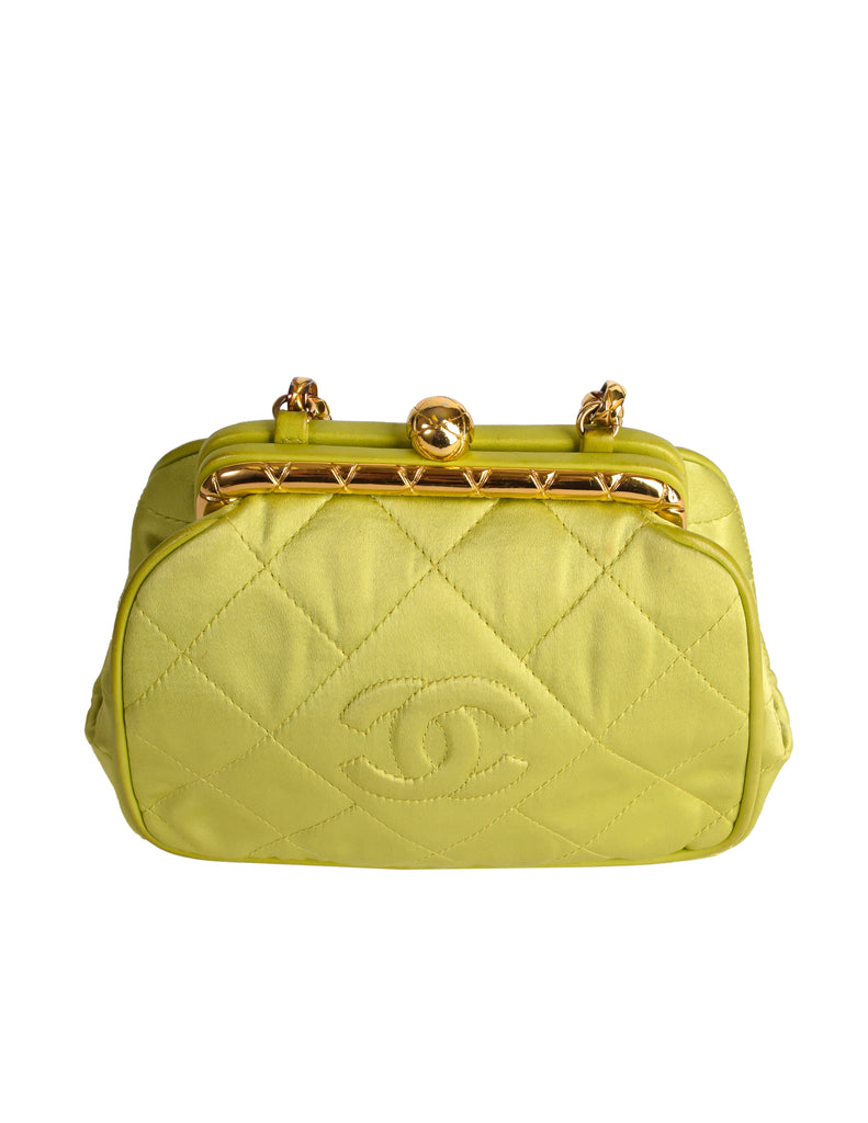 Chanel Lime Green Vintage Quilted Satin Bag
