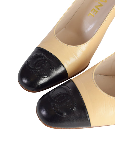 Chanel Vintage Beige Black Leather CC Logo Cap Toe High Heels Shoes
