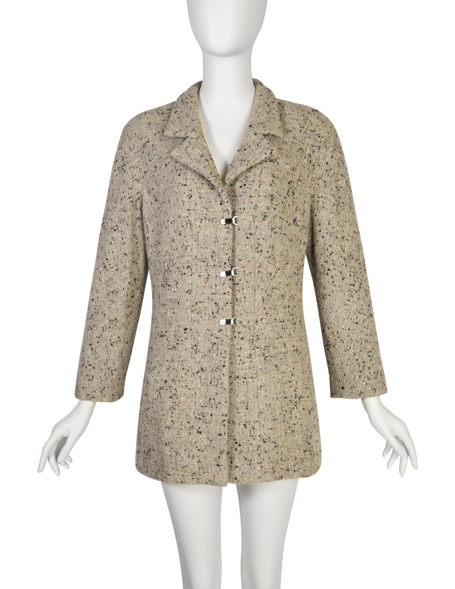 Chanel Vintage AW 1999 Greige Lurex Fleck Wool Metal Toggle Longline Blazer Jacket