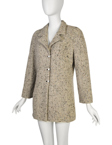 Chanel Vintage AW 1999 Greige Lurex Fleck Wool Metal Toggle Longline Blazer Jacket
