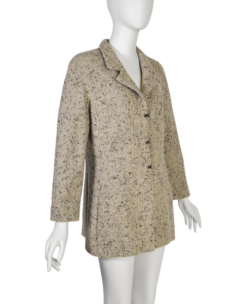Chanel Vintage AW 1999 Greige Lurex Fleck Wool Metal Toggle Longline Blazer Jacket