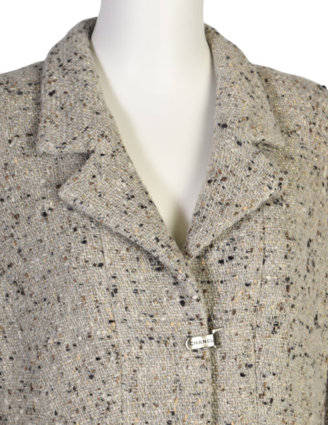 Chanel Vintage AW 1999 Greige Lurex Fleck Wool Metal Toggle Longline Blazer Jacket