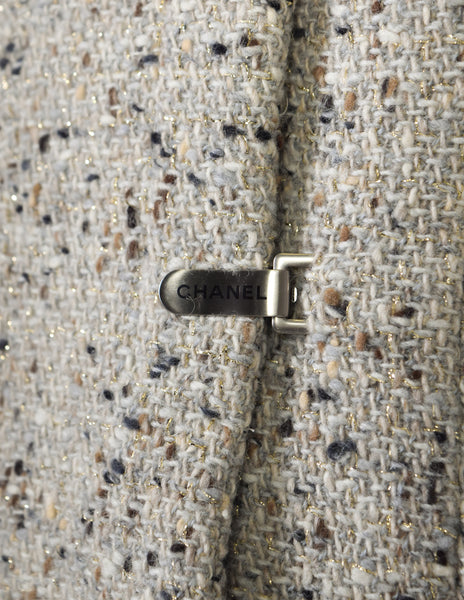 Chanel Vintage AW 1999 Greige Lurex Fleck Wool Metal Toggle Longline Blazer Jacket