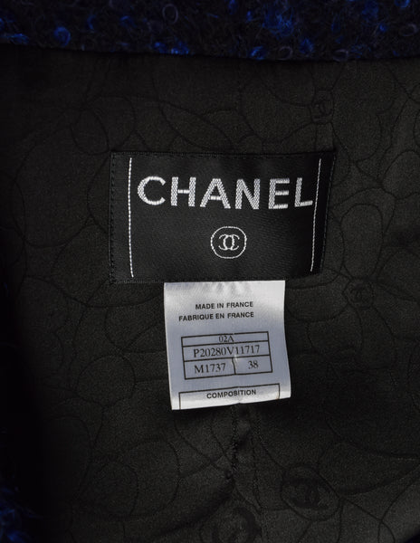 Chanel Vintage AW 2002 Runway Black Blue Wool Boucle Owl Button Two Piece Jacket Skirt Suit
