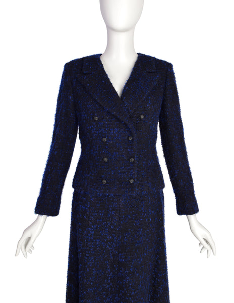Chanel Vintage AW 2002 Runway Black Blue Wool Boucle Owl Button Two Piece Jacket Skirt Suit