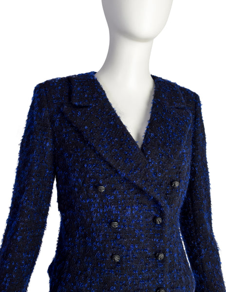 Chanel Vintage AW 2002 Runway Black Blue Wool Boucle Owl Button Two Piece Jacket Skirt Suit