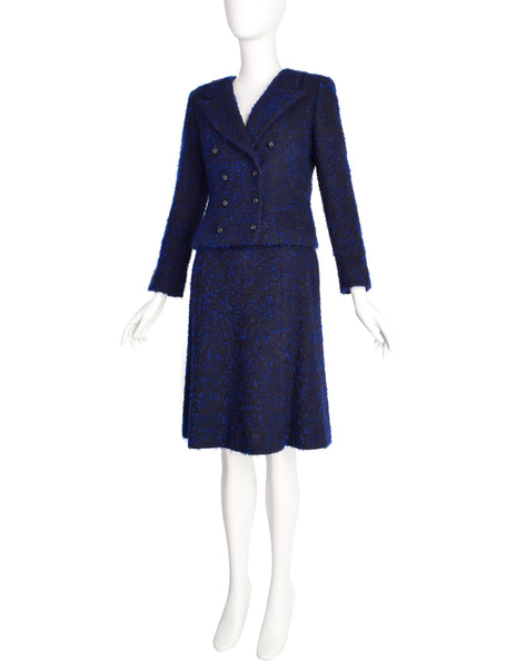 Chanel Vintage AW 2002 Runway Black Blue Wool Boucle Owl Button Two Piece Jacket Skirt Suit
