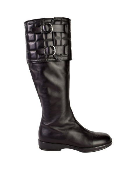 Chanel Vintage Black Leather CC Logo Chocolate Bar Quilted Knee High Boots