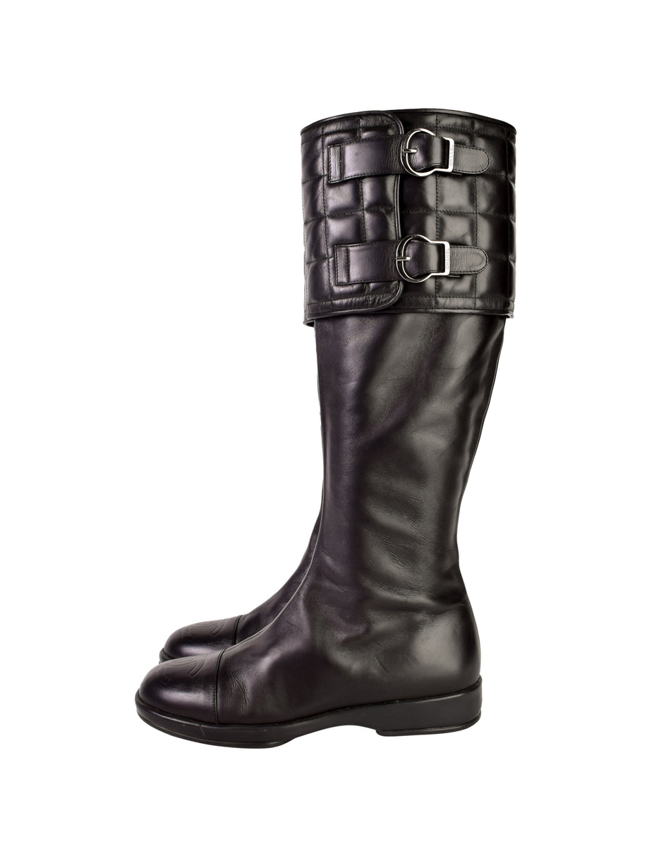 Chanel Vintage Black Leather CC Logo Chocolate Bar Quilted Knee High B