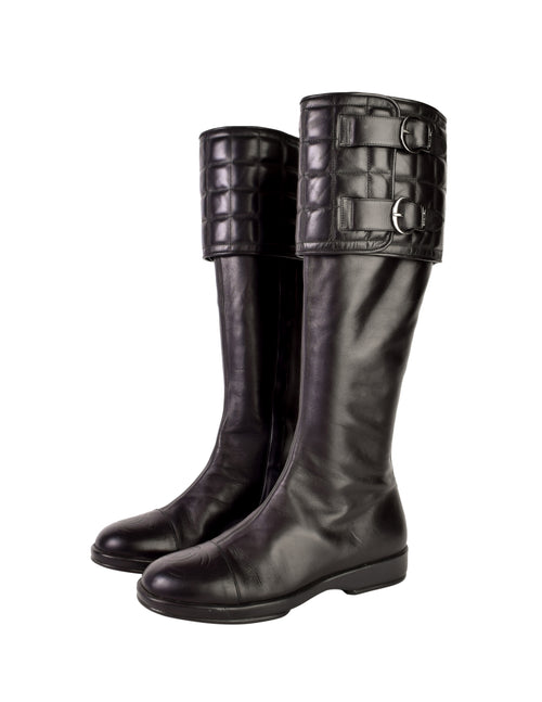 Chanel Vintage Black Leather CC Logo Chocolate Bar Quilted Knee High Boots