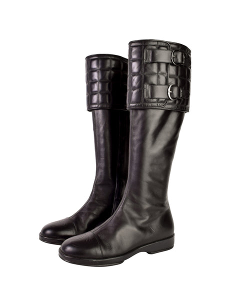 Chanel Vintage Black Leather CC Logo Chocolate Bar Quilted Knee High Boots