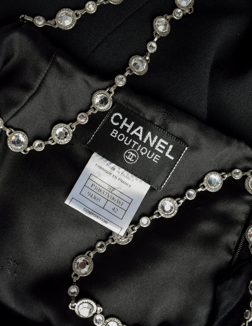 Chanel Vintage SS 1998 Runway Black Wool Crepe Rhinestone Chain Strap Amarcord Vintage Fashion Chanel Vintage SS 1998 Runway Black Wool Crepe Rhinestone Chain Strap Amarcord Vintage Fashion