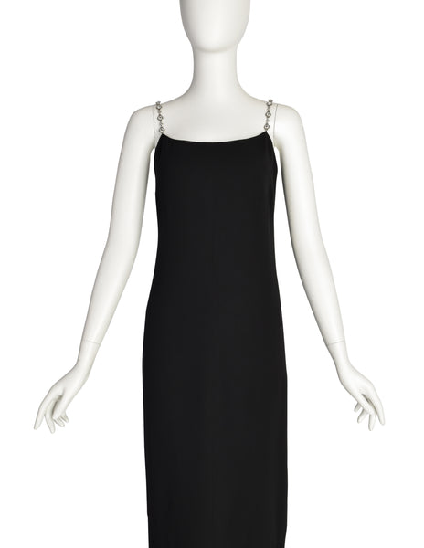Chanel Vintage SS 1998 Runway Black Wool Crepe Rhinestone Chain Strap Column Dress
