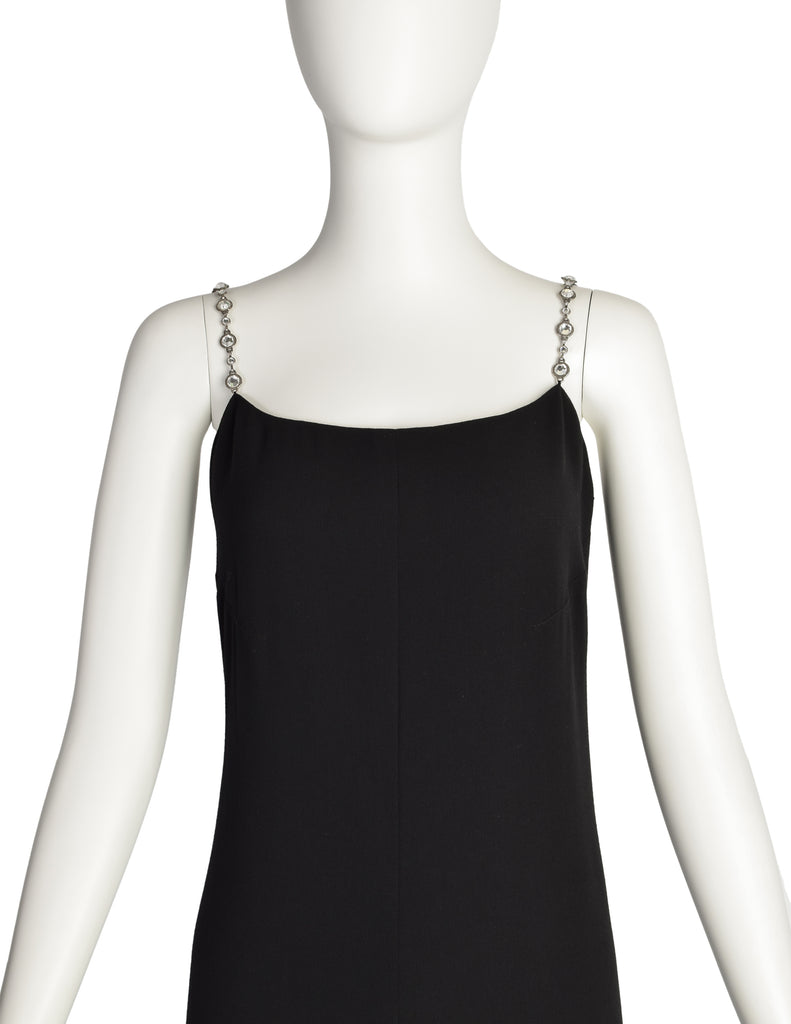 Chanel Vintage SS 1998 Runway Black Wool Crepe Rhinestone Chain Strap Amarcord Vintage Fashion Chanel Vintage SS 1998 Runway Black Wool Crepe Rhinestone Chain Strap Amarcord Vintage Fashion
