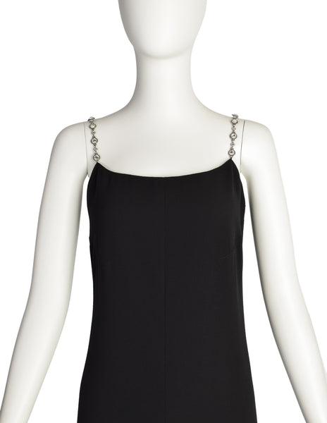 Chanel Vintage SS 1998 Runway Black Wool Crepe Rhinestone Chain Strap Column Dress