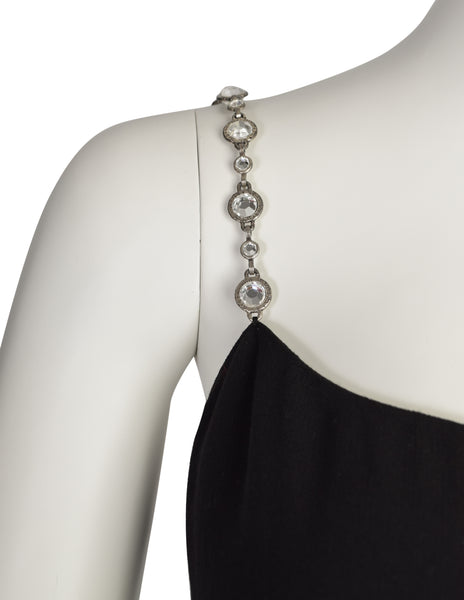 Chanel Vintage SS 1998 Runway Black Wool Crepe Rhinestone Chain Strap Column Dress