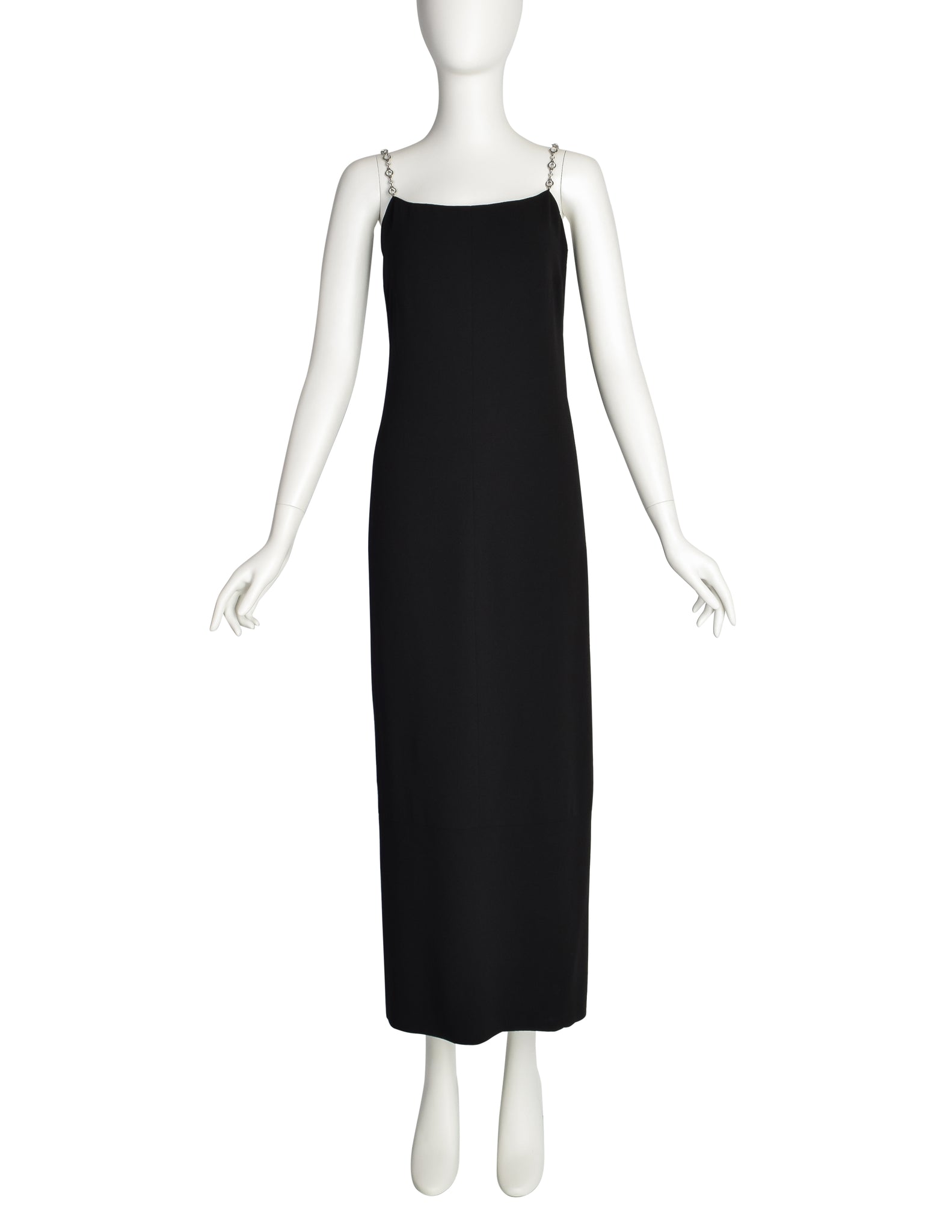 Chanel Vintage SS 1998 Runway Black Wool Crepe Rhinestone Chain Strap Column Dress