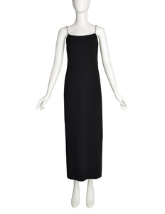 Chanel Vintage SS 1998 Runway Black Wool Crepe Rhinestone Chain Strap Column Dress