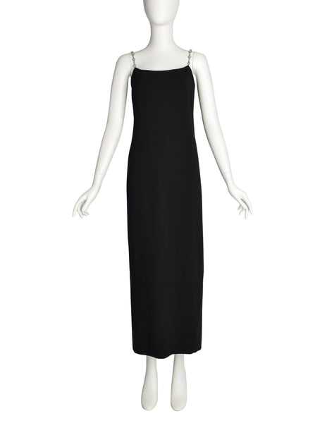 Chanel Vintage SS 1998 Runway Black Wool Crepe Rhinestone Chain Strap Column Dress
