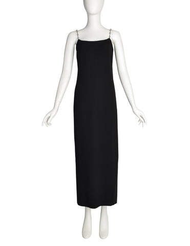 Chanel Vintage SS 1998 Runway Black Wool Crepe Rhinestone Chain Strap Column Dress