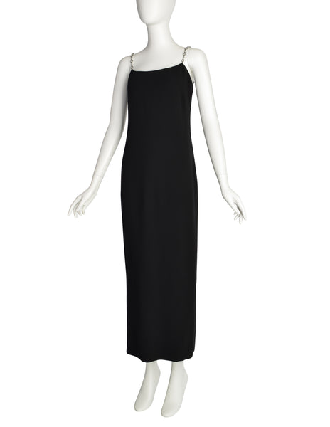 Chanel Vintage SS 1998 Runway Black Wool Crepe Rhinestone Chain Strap Column Dress