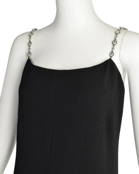Chanel Vintage SS 1998 Runway Black Wool Crepe Rhinestone Chain Strap Column Dress