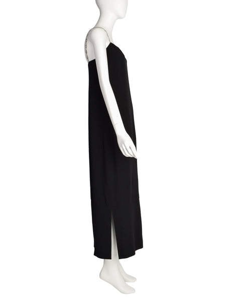 Chanel Vintage SS 1998 Runway Black Wool Crepe Rhinestone Chain Strap Column Dress