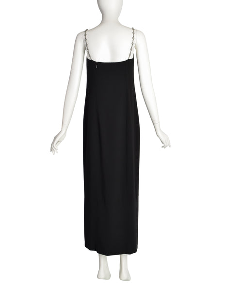 Chanel Vintage SS 1998 Runway Black Wool Crepe Rhinestone Chain Strap Column Dress