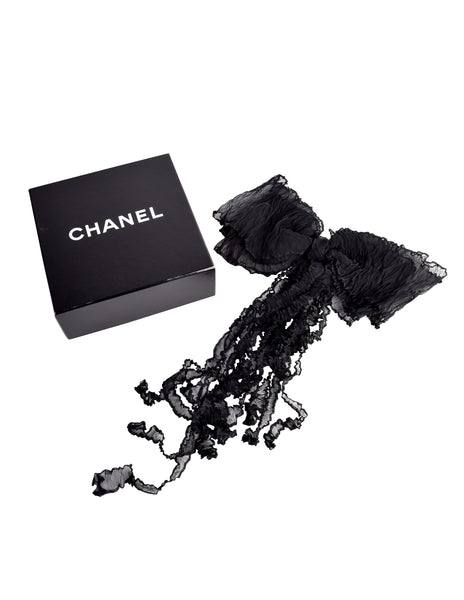 Chanel Vintage Black Crinkle Pleated Silk Chiffon Oversized Bow Brooch Pin