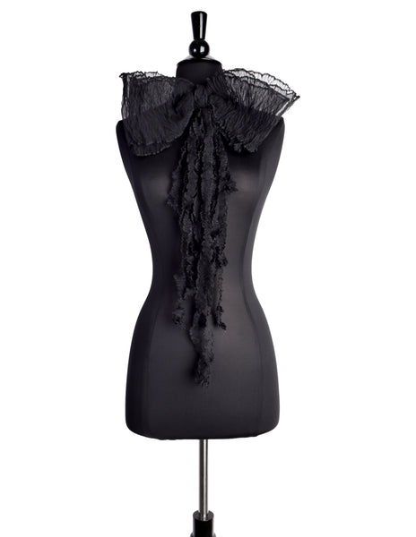 Chanel Vintage Black Crinkle Pleated Silk Chiffon Oversized Bow Brooch Pin
