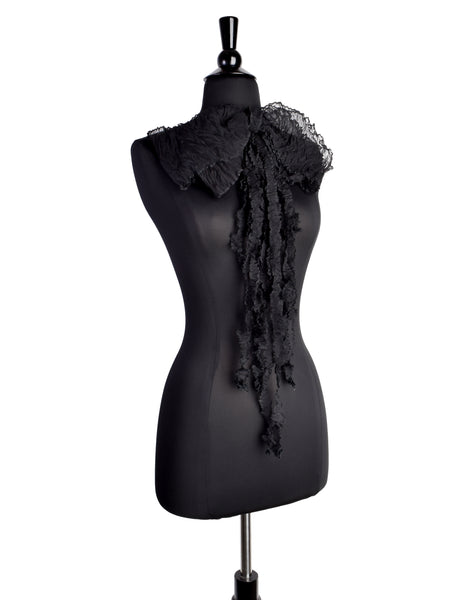 Chanel Vintage Black Crinkle Pleated Silk Chiffon Oversized Bow Brooch Pin