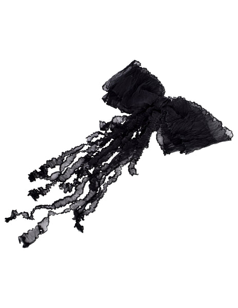 Chanel Vintage Black Crinkle Pleated Silk Chiffon Oversized Bow Brooch Pin
