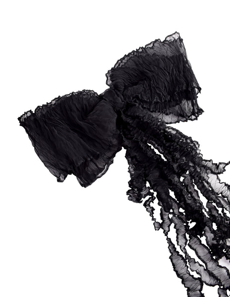 Chanel Vintage Black Crinkle Pleated Silk Chiffon Oversized Bow Brooch Pin
