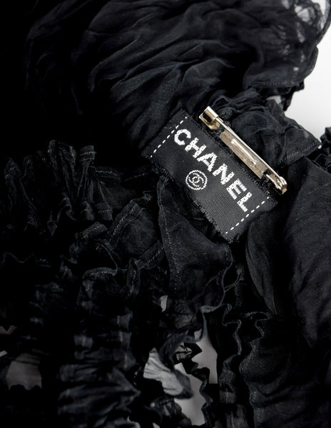 Chanel Vintage Black Crinkle Pleated Silk Chiffon Oversized Bow Brooch Pin